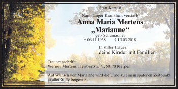 Anzeige von Anna Maria Mertens von  Sonntags-Post 
