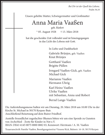 Anzeige von Anna Maria Vaaßen von  Sonntags-Post 