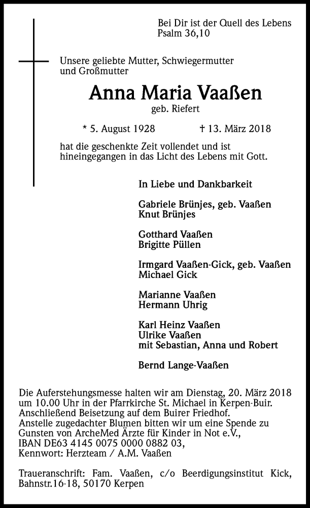  Traueranzeige für Anna Maria Vaaßen vom 17.03.2018 aus Kölner Stadt-Anzeiger / Kölnische Rundschau / Express