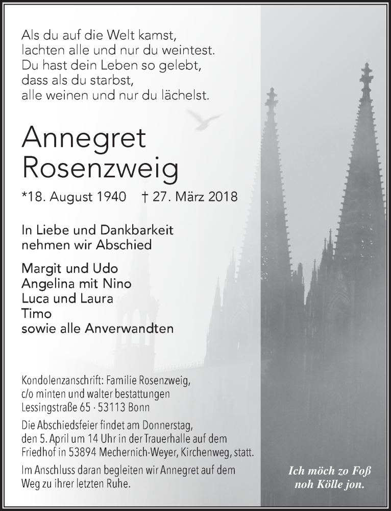  Traueranzeige für Annegret Rosenzweig vom 31.03.2018 aus  Blickpunkt Euskirchen 