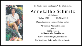 Anzeige von Annekäthe Schmitz von Kölner Stadt-Anzeiger / Kölnische Rundschau / Express