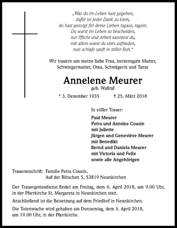 Anzeige von Annelene Meurer von Kölner Stadt-Anzeiger / Kölnische Rundschau / Express