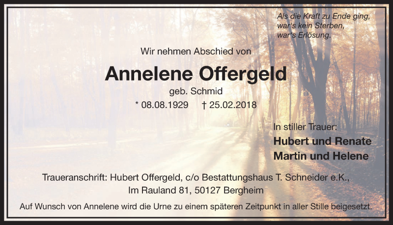  Traueranzeige für Annelene Offergeld vom 03.03.2018 aus  Sonntags-Post 