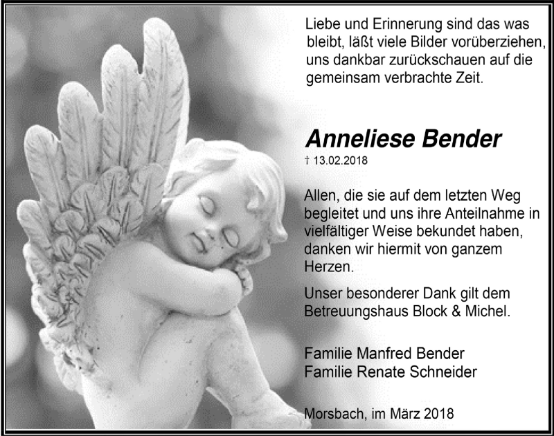  Traueranzeige für Anneliese Bender vom 21.03.2018 aus  Lokalanzeiger 