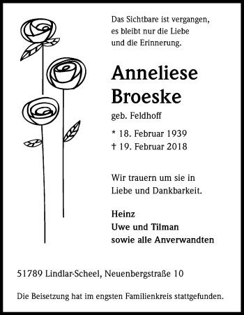 Anzeige von Anneliese Broeske von Kölner Stadt-Anzeiger / Kölnische Rundschau / Express