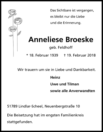 Anzeige von Anneliese Broeske von Kölner Stadt-Anzeiger / Kölnische Rundschau / Express