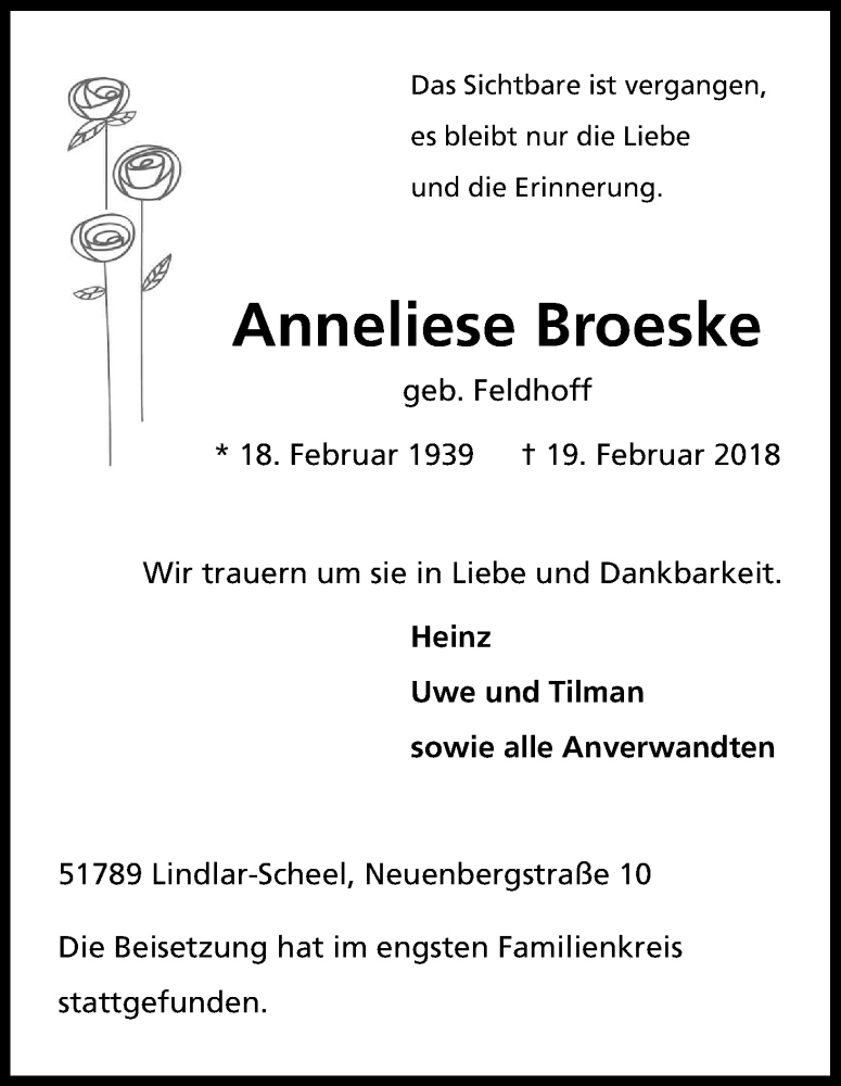  Traueranzeige für Anneliese Broeske vom 17.03.2018 aus Kölner Stadt-Anzeiger / Kölnische Rundschau / Express