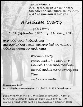 Anzeige von Anneliese Evertz von Kölner Stadt-Anzeiger / Kölnische Rundschau / Express