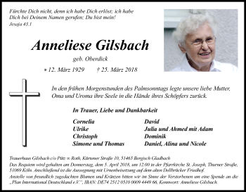Anzeige von Anneliese Gilsbach von Kölner Stadt-Anzeiger / Kölnische Rundschau / Express