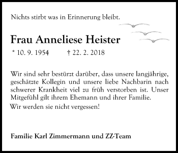 Anzeige von Anneliese Heister von Kölner Stadt-Anzeiger / Kölnische Rundschau / Express