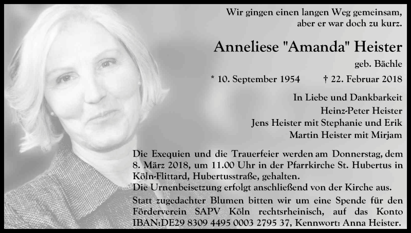  Traueranzeige für Anneliese Heister vom 03.03.2018 aus Kölner Stadt-Anzeiger / Kölnische Rundschau / Express