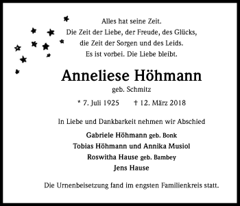Anzeige von Anneliese Höhmann von Kölner Stadt-Anzeiger / Kölnische Rundschau / Express