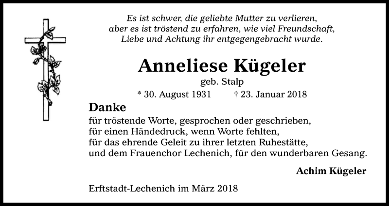  Traueranzeige für Anneliese Kügeler vom 03.03.2018 aus Kölner Stadt-Anzeiger / Kölnische Rundschau / Express