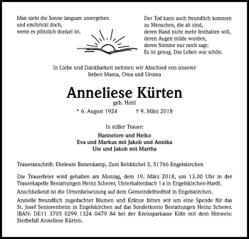 Anzeige von Anneliese Kürten von Kölner Stadt-Anzeiger / Kölnische Rundschau / Express