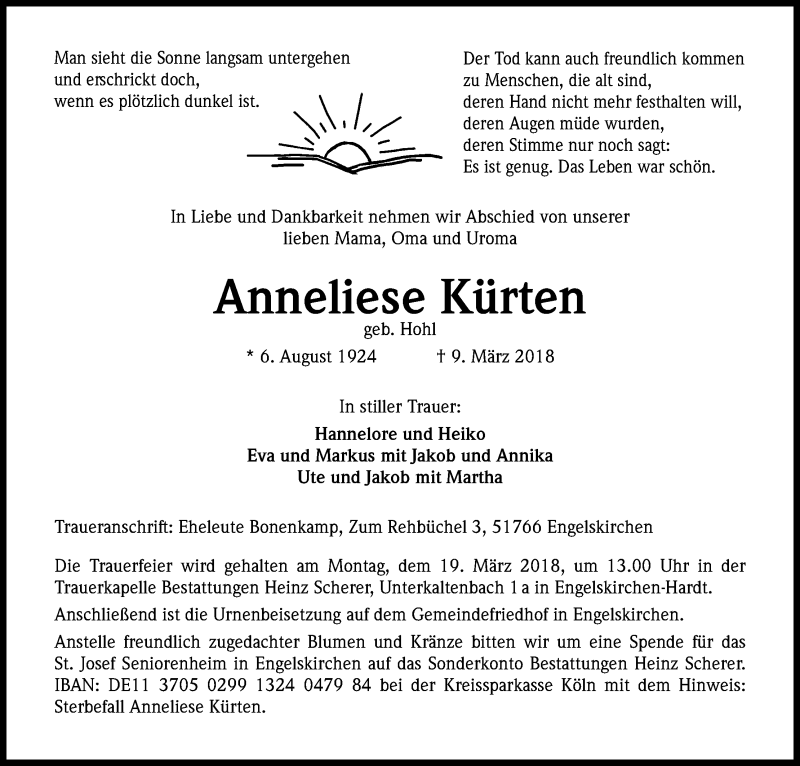  Traueranzeige für Anneliese Kürten vom 13.03.2018 aus Kölner Stadt-Anzeiger / Kölnische Rundschau / Express