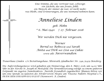 Anzeige von Anneliese Linden von Kölner Stadt-Anzeiger / Kölnische Rundschau / Express