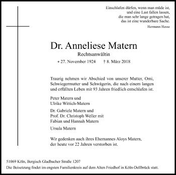 Anzeige von Anneliese Matern von Kölner Stadt-Anzeiger / Kölnische Rundschau / Express