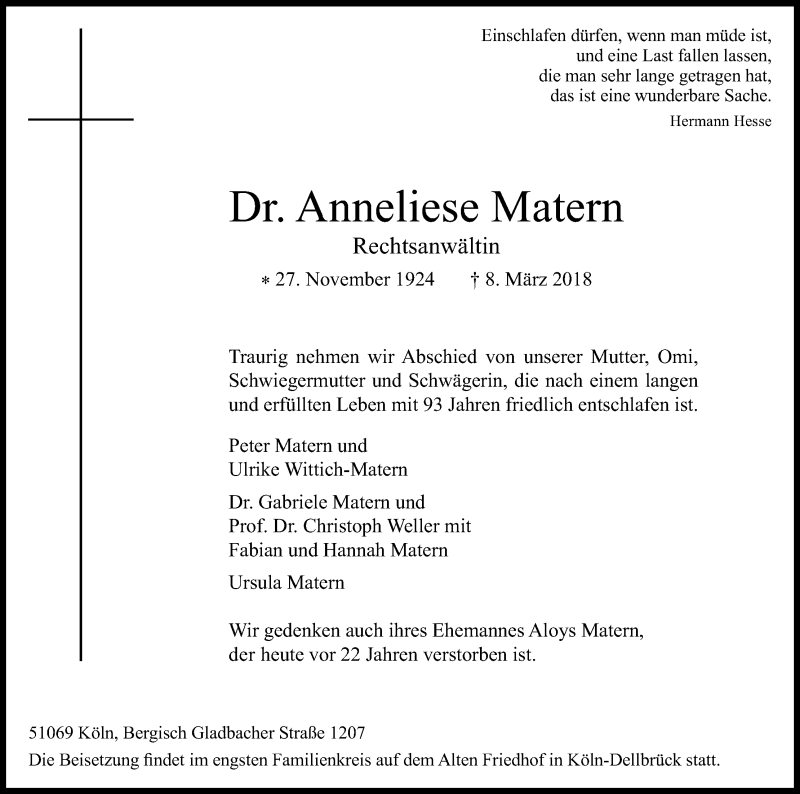  Traueranzeige für Anneliese Matern vom 17.03.2018 aus Kölner Stadt-Anzeiger / Kölnische Rundschau / Express