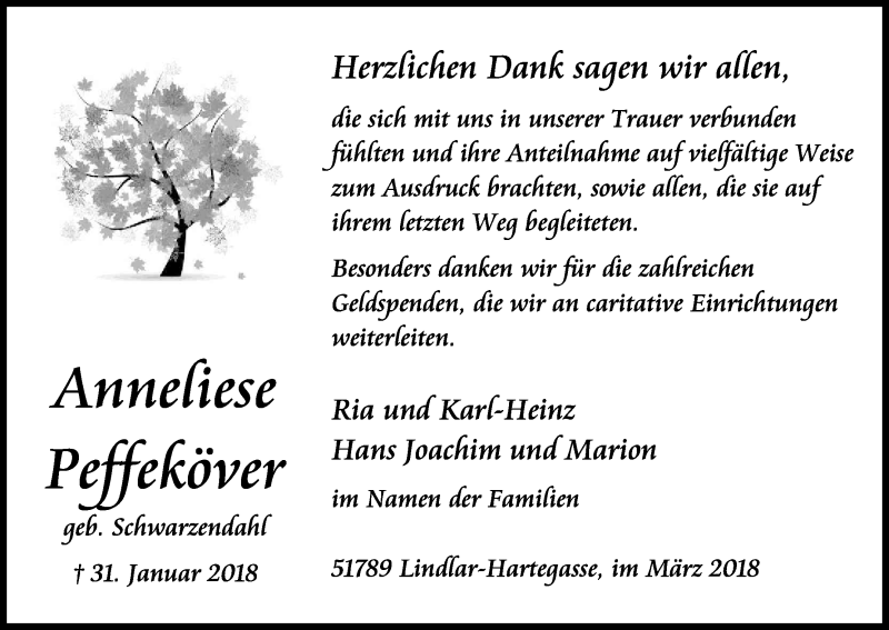  Traueranzeige für Anneliese Peffeköver vom 17.03.2018 aus Kölner Stadt-Anzeiger / Kölnische Rundschau / Express