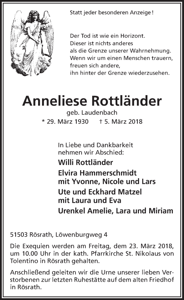  Traueranzeige für Anneliese Rottländer vom 14.03.2018 aus  Bergisches Handelsblatt 