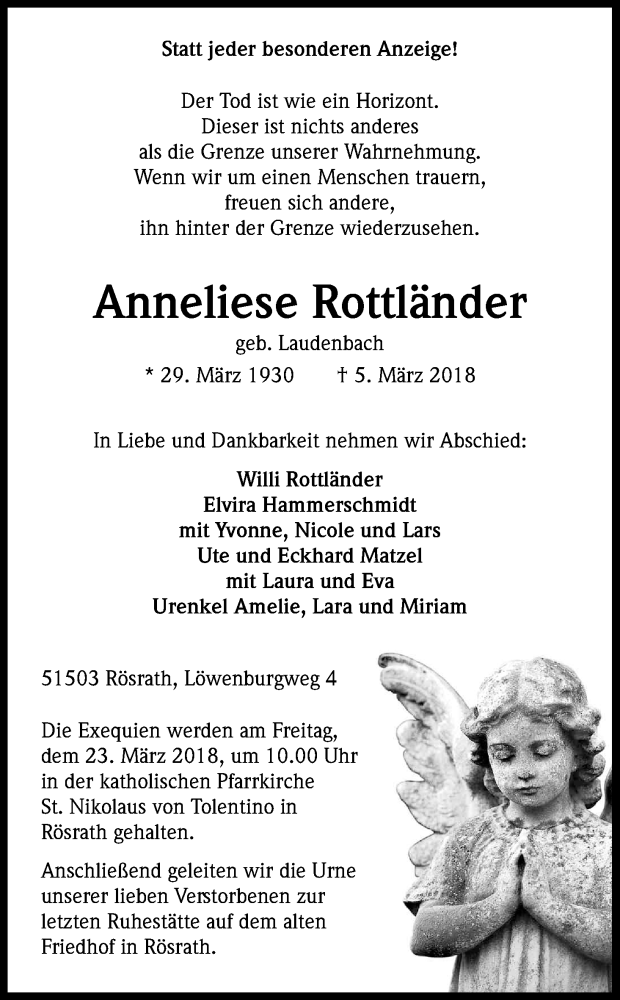  Traueranzeige für Anneliese Rottländer vom 17.03.2018 aus Kölner Stadt-Anzeiger / Kölnische Rundschau / Express