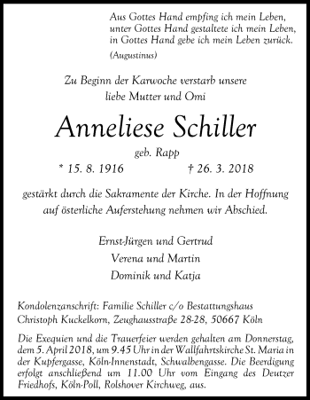 Anzeige von Anneliese Schiller von Kölner Stadt-Anzeiger / Kölnische Rundschau / Express