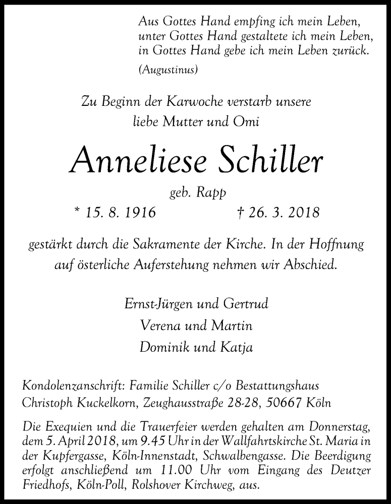  Traueranzeige für Anneliese Schiller vom 31.03.2018 aus Kölner Stadt-Anzeiger / Kölnische Rundschau / Express
