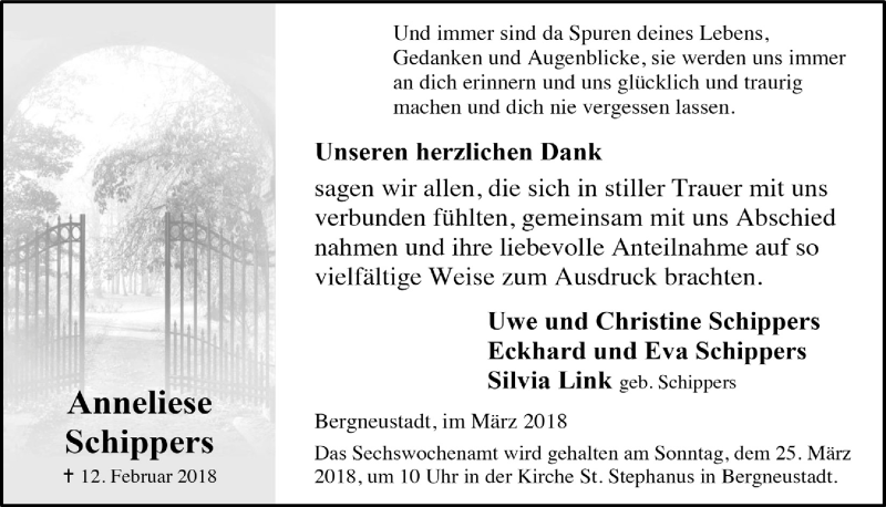  Traueranzeige für Anneliese Schippers vom 21.03.2018 aus  Anzeigen Echo 