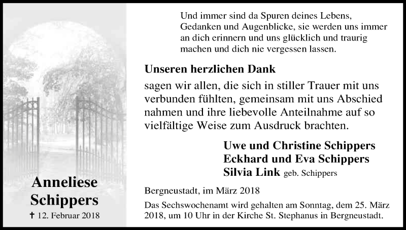  Traueranzeige für Anneliese Schippers vom 21.03.2018 aus Kölner Stadt-Anzeiger / Kölnische Rundschau / Express