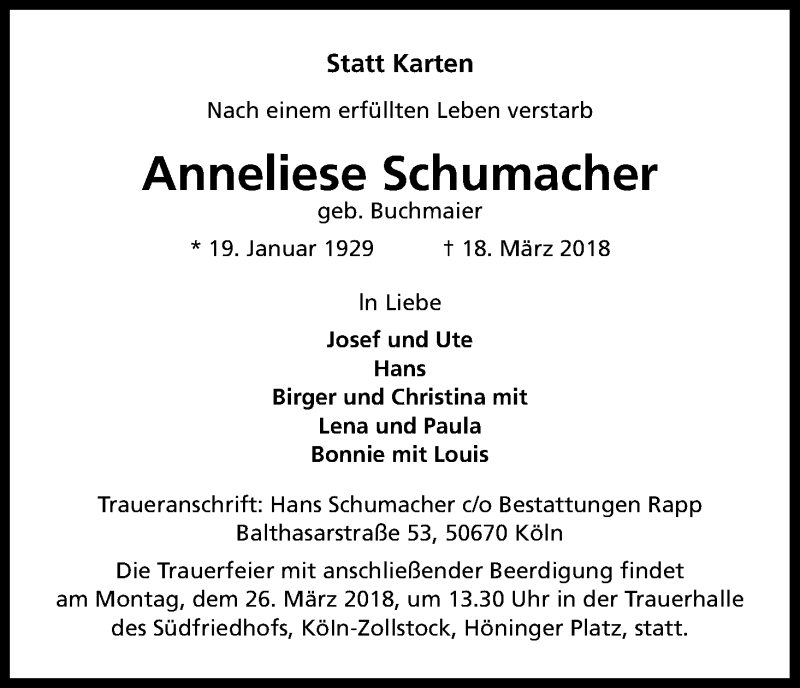  Traueranzeige für Anneliese Schumacher vom 21.03.2018 aus Kölner Stadt-Anzeiger / Kölnische Rundschau / Express