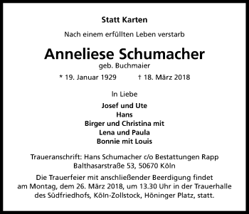Anzeige von Anneliese Schumacher von Kölner Stadt-Anzeiger / Kölnische Rundschau / Express