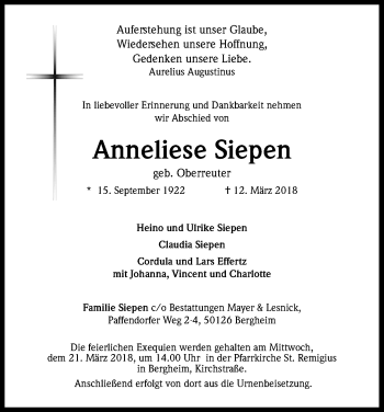 Anzeige von Anneliese Siepen von Kölner Stadt-Anzeiger / Kölnische Rundschau / Express