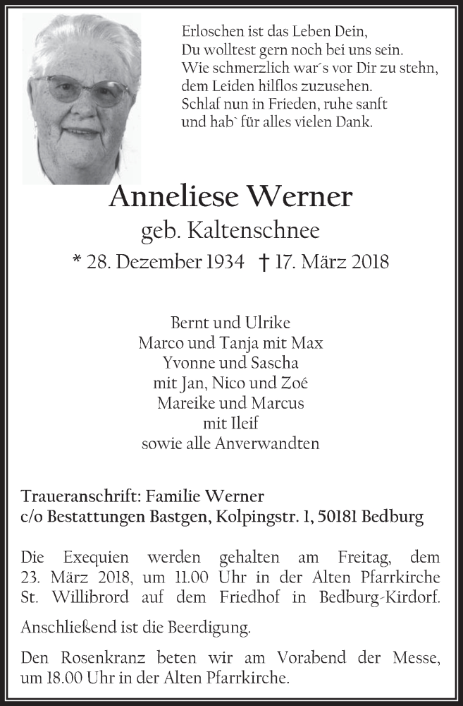  Traueranzeige für Anneliese Werner vom 21.03.2018 aus  Werbepost 