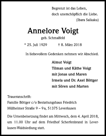 Anzeige von Annelore Voigt von Kölner Stadt-Anzeiger / Kölnische Rundschau / Express