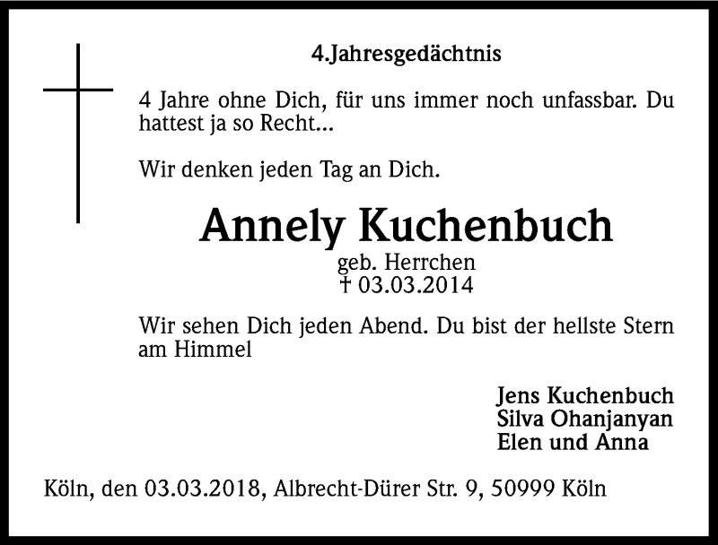  Traueranzeige für Annely Kuchenbuch vom 03.03.2018 aus Kölner Stadt-Anzeiger / Kölnische Rundschau / Express