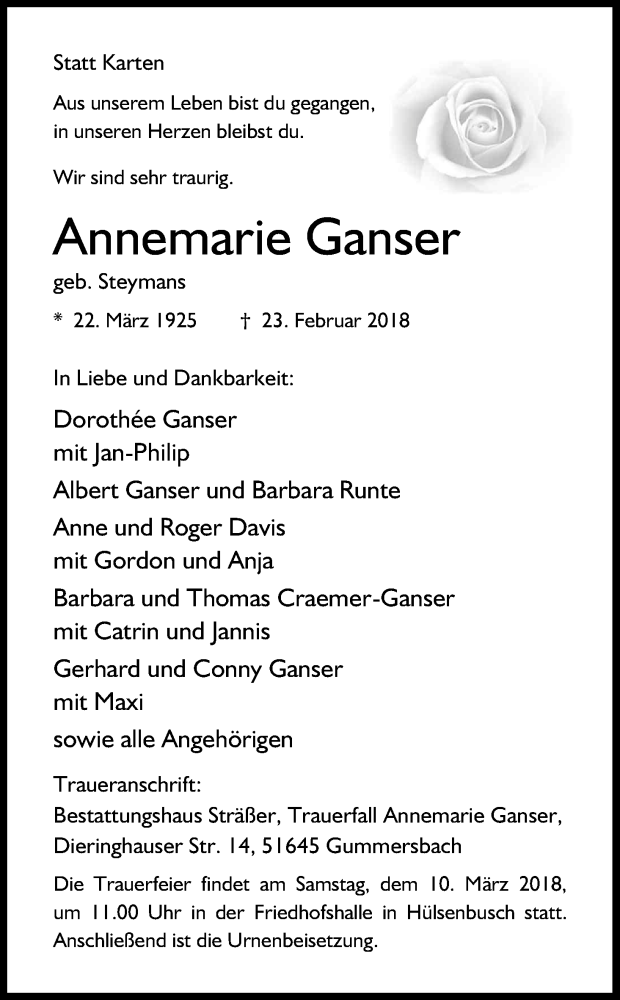  Traueranzeige für Annemarie Ganser vom 07.03.2018 aus Kölner Stadt-Anzeiger / Kölnische Rundschau / Express