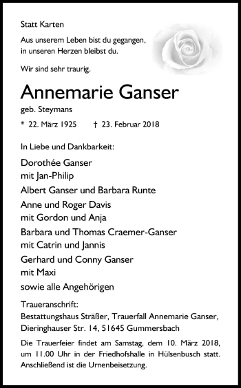 Anzeige von Annemarie Ganser von Kölner Stadt-Anzeiger / Kölnische Rundschau / Express