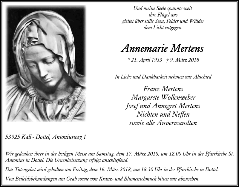  Traueranzeige für Annemarie Mertens vom 14.03.2018 aus Kölner Stadt-Anzeiger / Kölnische Rundschau / Express