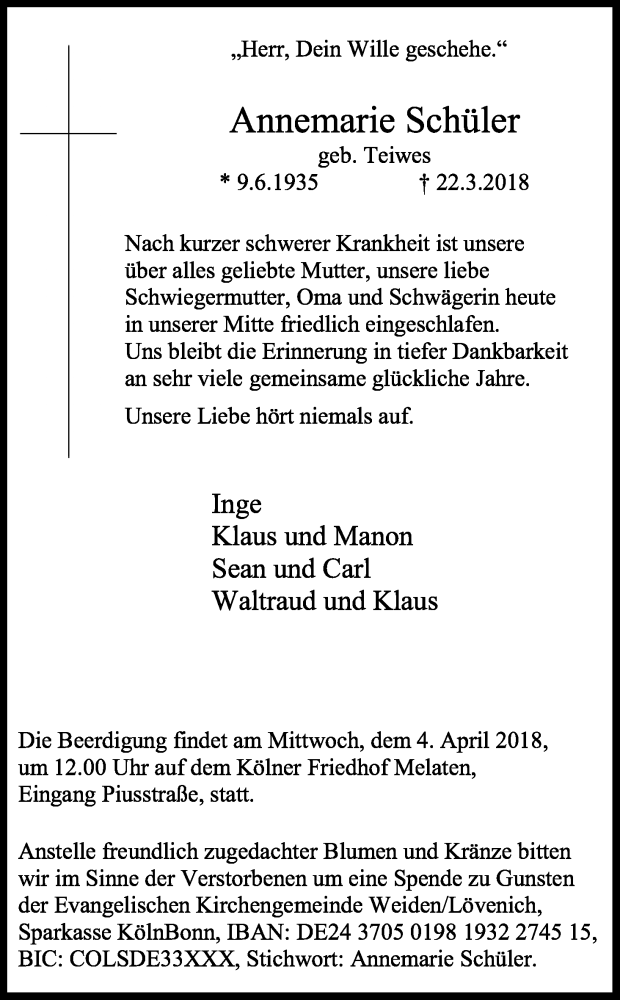  Traueranzeige für Annemarie Schüler vom 28.03.2018 aus Kölner Stadt-Anzeiger / Kölnische Rundschau / Express