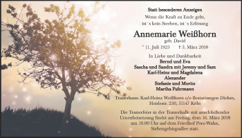 Anzeige von Annemarie Weißhorn von  Kölner Wochenspiegel 