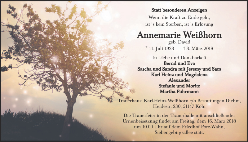  Traueranzeige für Annemarie Weißhorn vom 14.03.2018 aus  Kölner Wochenspiegel 