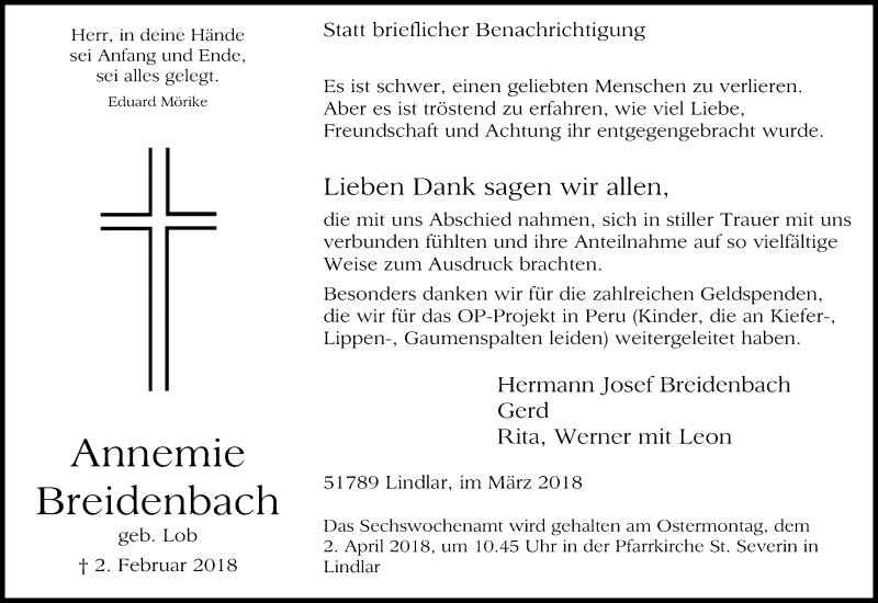  Traueranzeige für Annemie Breidenbach vom 24.03.2018 aus Kölner Stadt-Anzeiger / Kölnische Rundschau / Express