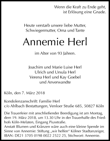 Anzeige von Annemie Herl von Kölner Stadt-Anzeiger / Kölnische Rundschau / Express