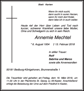 Anzeige von Annemie Mechtel von  Sonntags-Post 