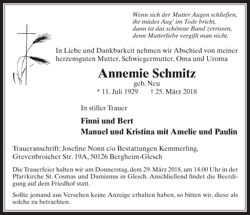  Traueranzeige für Annemie Schmitz vom 28.03.2018 aus  Werbepost 
