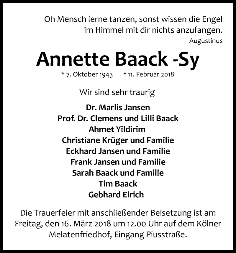  Traueranzeige für Annette Baack-Sy vom 03.03.2018 aus Kölner Stadt-Anzeiger / Kölnische Rundschau / Express