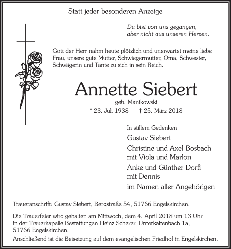  Traueranzeige für Annette Siebert vom 28.03.2018 aus  Anzeigen Echo 