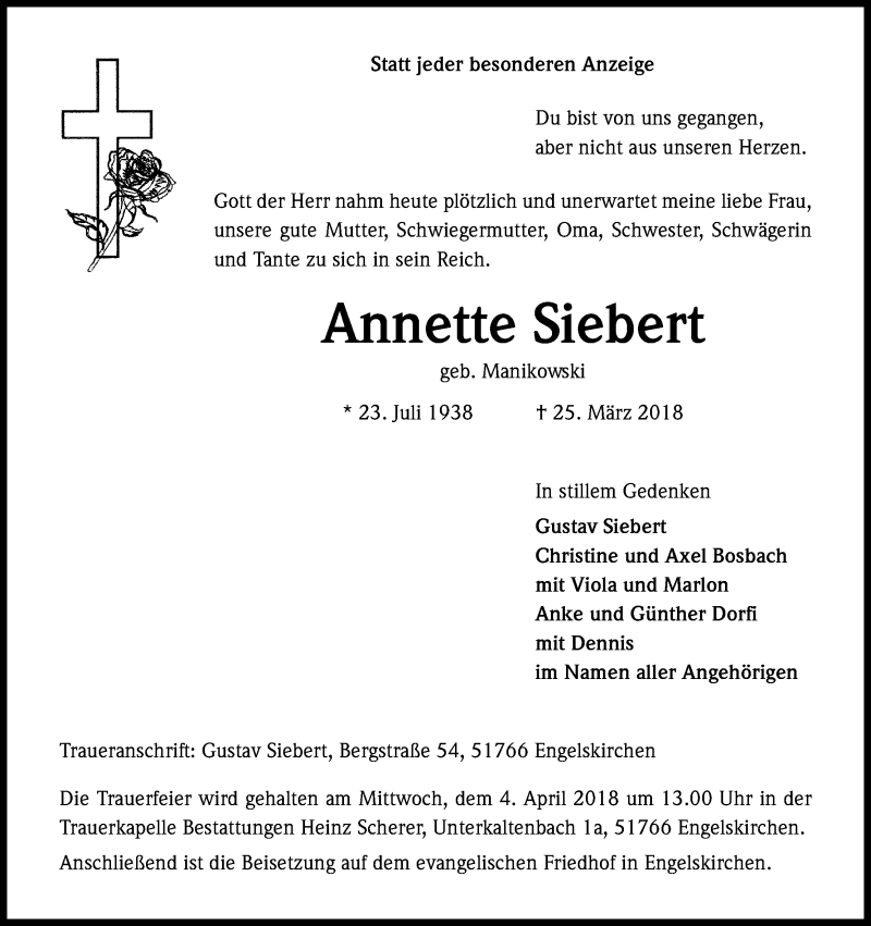  Traueranzeige für Annette Siebert vom 28.03.2018 aus Kölner Stadt-Anzeiger / Kölnische Rundschau / Express