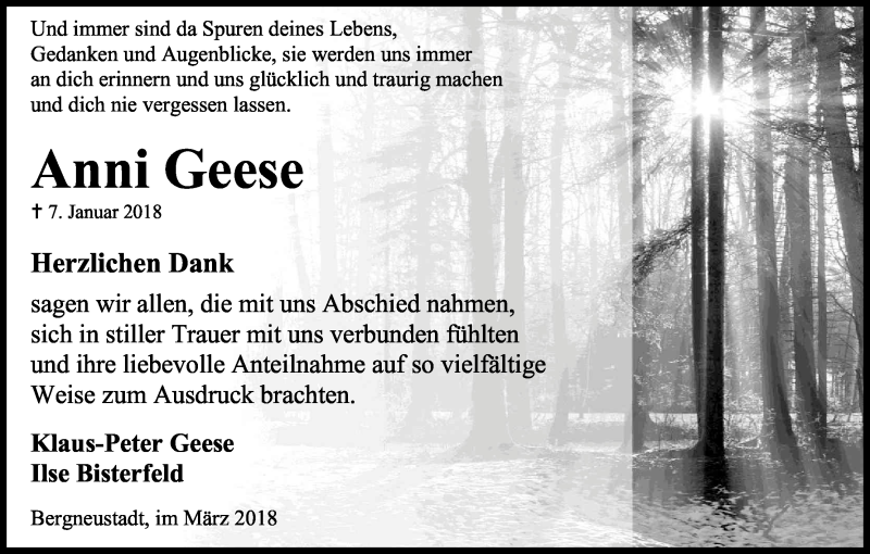  Traueranzeige für Anni Geese vom 03.03.2018 aus Kölner Stadt-Anzeiger / Kölnische Rundschau / Express
