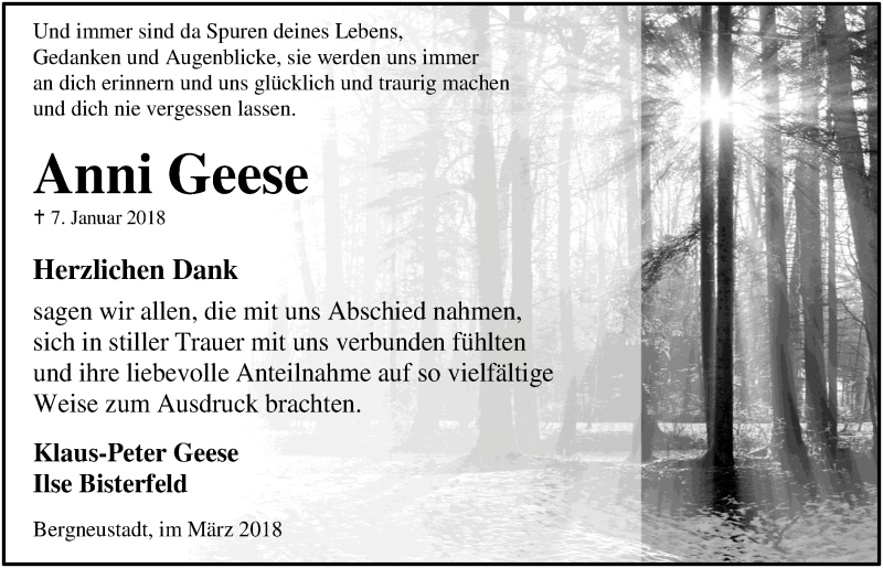  Traueranzeige für Anni Geese vom 07.03.2018 aus  Anzeigen Echo 
